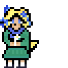 pixel art character holding a flower. blonde hair and green dress
