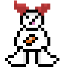 pixel art white creature with red horns doing a dance